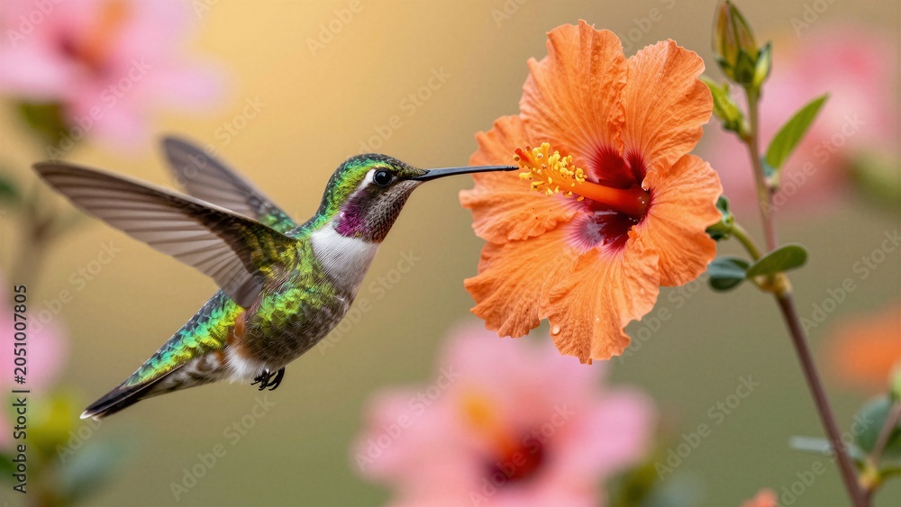Naklejka premium A vibrant Ruby-throated Hummingbird hovers mid-air, its beak poised at a bright orange hibiscus flower. The soft-focus background features blurred pink and yellow blooms in warm sunlight.