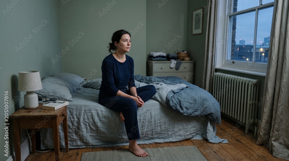 Fototapeta premium Small Bedroom At Dusk With Seated Resident And Quiet Empty Space