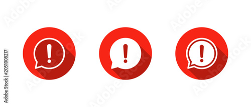 Chat bubble alert icon set with long shadow. Speech balloon with warning symbol