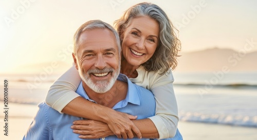 Joyful senior couple enjoying summer vacation on beach smiling and embracing happiness