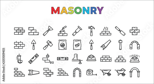 Schilderij op canvas Masonry Tools And Brickwork Line Icons On White Background