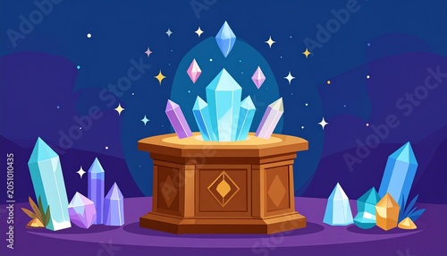 Mystical Crystals on Pedestal with Sparkling Stars Background.