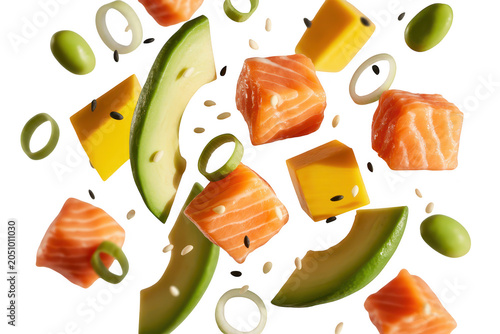 Fresh salmon cubes, avocado slices, mango chunks, and edamame beans floating in the air against a solid black background, food
