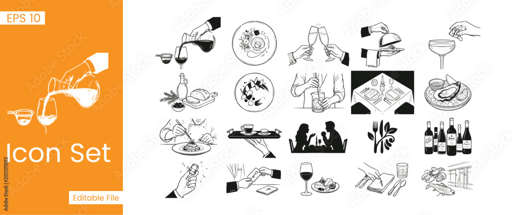 Fototapeta premium Wine Tasting and Luxury Dining Restaurant Icon Set featuring Premium Sommelier Service Champagne Toast Fine Hospitality and Bistro Catering Sketch Vectors