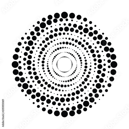 Halftone dotted speed lines circle. Geometric art in circle form. Round swirl movement symbol. Halftone circular dotted frame. Vector design element