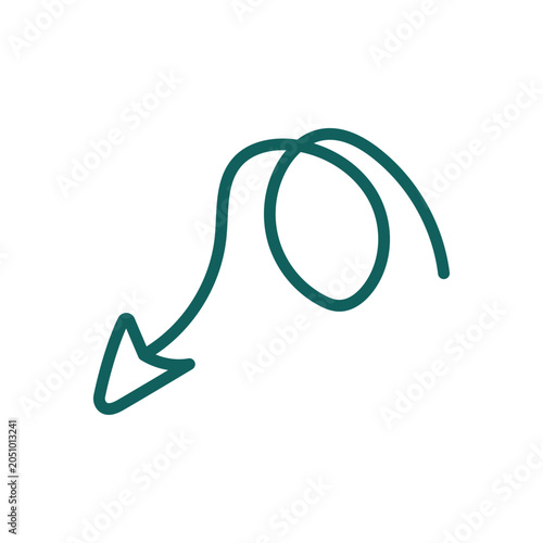 Hand drawn dark teal curved arrow with swirl shape isolated on transparent background creative pointer vector graphic.
