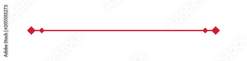 Horizontal red decorative divider line with diamond shaped ornaments on ends isolated on transparent background design.