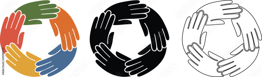 Obraz premium Circular arrangement of human hands reaching together in unity and community.