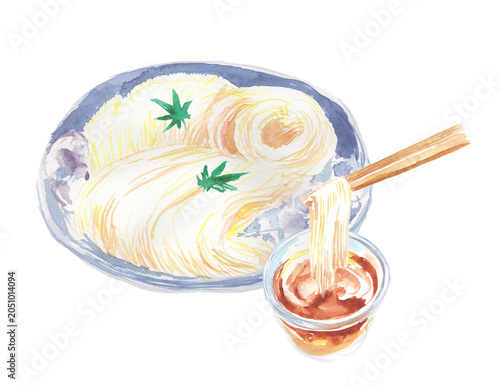 お箸ですくいあげたそうめんとめんつゆの水彩イラスト 
