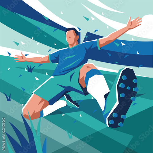 Soccer Player Sliding Tackle on Vibrant Geometric Field Illustration
