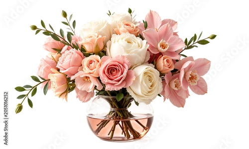 Wedding Day Bliss (Peonies Roses Orchids) round glass vase with soft water tones of peach, holding an elegant