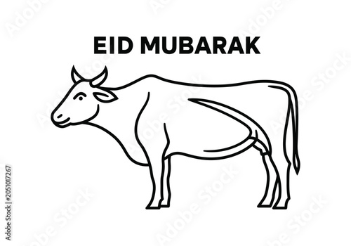 Cow eid mubarak illustration with simple black and white line art style