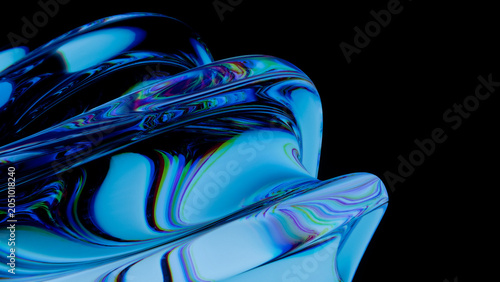 Glass Organic Shape Blue Iridescent Macro Chromatic Dispersion Black Background 3D Render