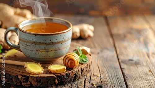 A steaming mug of ginger tea with honey, rustic wooden setting, natural earthy tones, calming aesthetic composition
