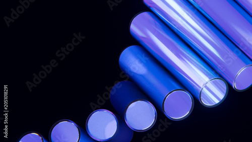 Blue Glass Cylinders Diagonal Array Iridescent Black Background 3D Render