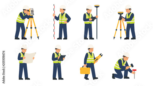 Surveyor workers with measuring equipment and construction tools