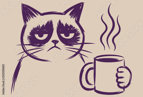 Schilderij op canvas Grumpy cat holding a steaming hot coffee mug in hand with displeased expression