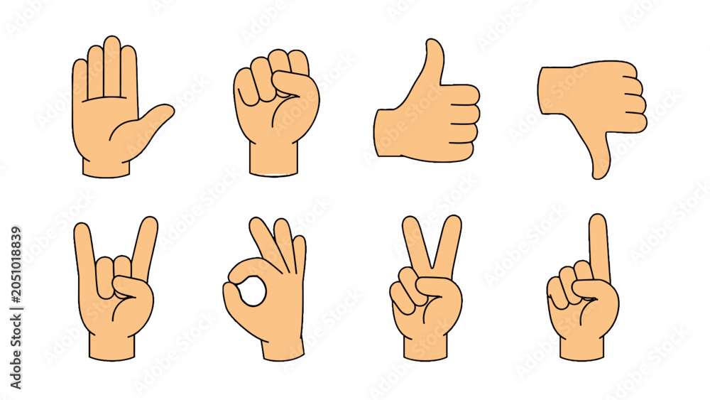 Fototapeta premium Set of cartoon hand gesture icons with eight different signs