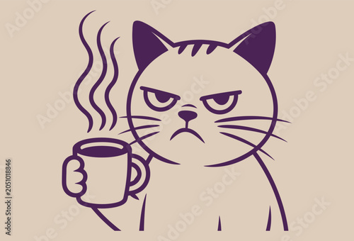 Bild auf Leinwand A grumpy cat holding a steaming hot coffee mug in its paw on a beige background