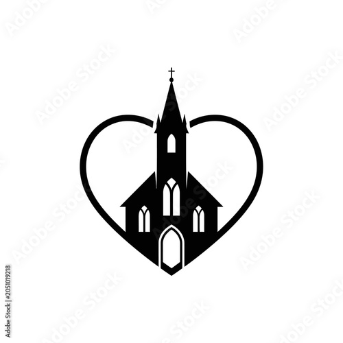 Church silhouette inside heart frame symbol.