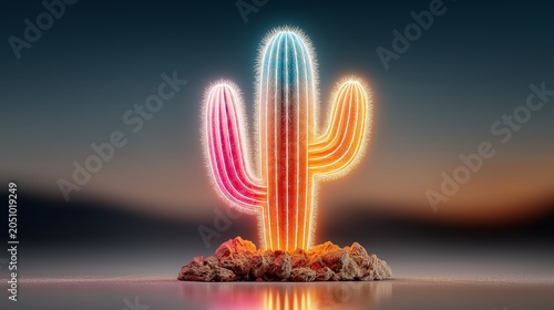Brightly lit cactus stands on rocky ground at sunset with colorful lights in the background creating a vibrant and lively scene