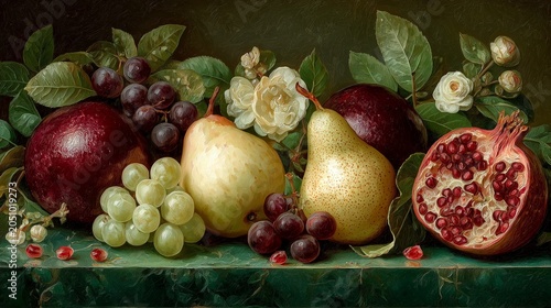 Fruit arrangement with apples, pears, grapes, and pomegranate on a green surface with leaves and flowers in the background