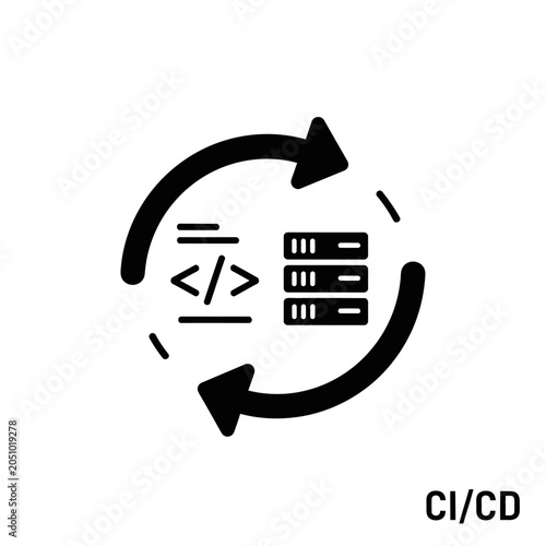 Circular arrows surrounding code brackets and server icons.