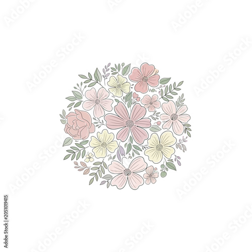 Circular bouquet of pastel spring flowers and leaves.