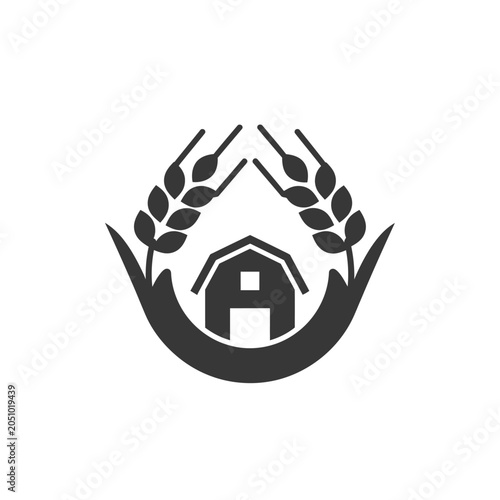 Circular emblem of a farm barn framed by wheat.