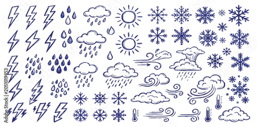 Fotografie Hand drawn weather icons set, blue ink doodle meteorology symbols, decorative sk