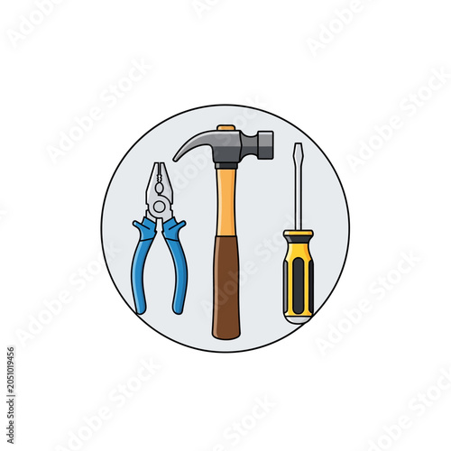 Circular emblem with hammer pliers and screwdriver tools.