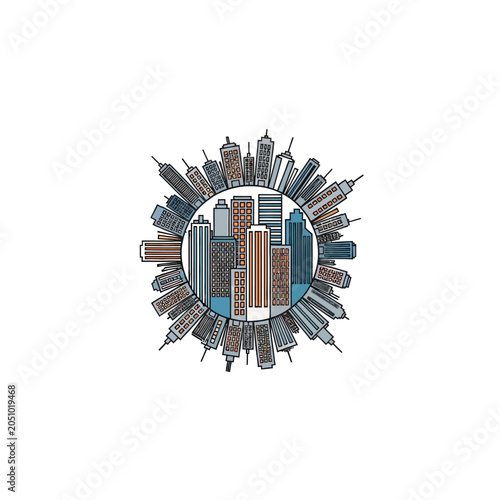 Circular city skyline illustration with urban buildings.