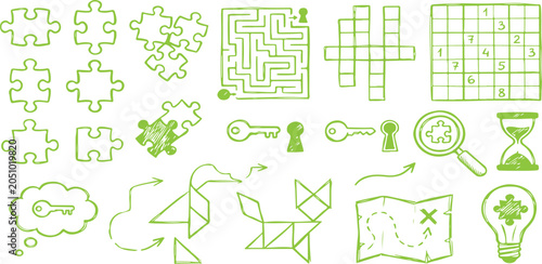 Schilderij op canvas Hand drawn logic puzzle icons set, green sketch brain games and problem solving