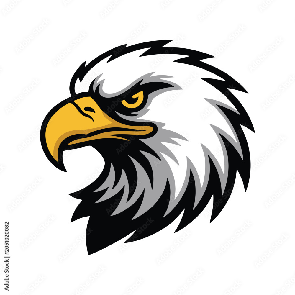 Fototapeta premium Angry Bald Eagle Head Vector Mascot Logo Aggressive Bird of Prey Profile Illustration American Eagle Icon for Sports Team Gaming and Branding Isolated on White Background