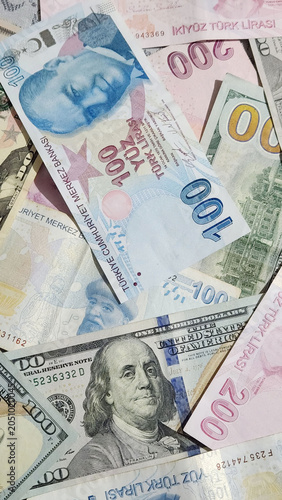 collage made of dollars and Turkish liras