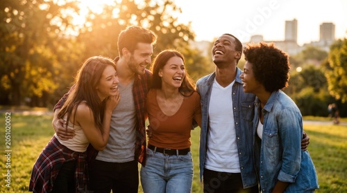 A group of diverse young adults laughing together in a park during sunset. They are enjoying each other's company in a joyful atmosphere.