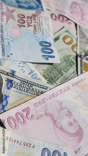 collage made of dollars and Turkish liras