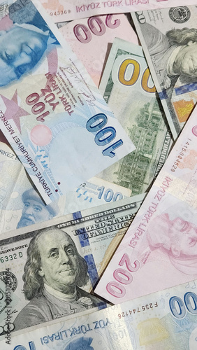 collage made of dollars and Turkish liras