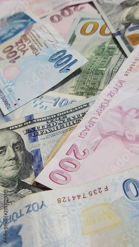 collage made of dollars and Turkish liras