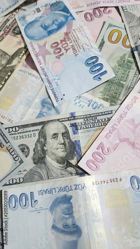 collage made of dollars and Turkish liras