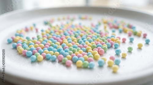 Colorful candy sprinkles scattered on a white plate. The sprinkles are in pastel shades of pink, blue, and yellow, creating a vibrant and playful scene.