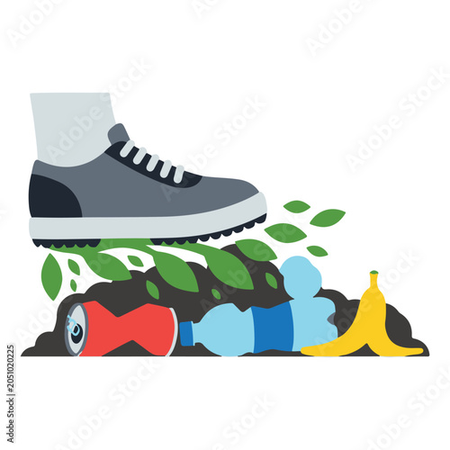 Schilderij op canvas Illustration of a shoe stepping on litter, emphasizing environmental pollution a