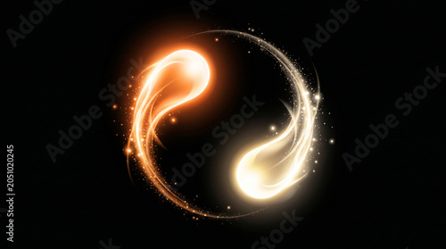 Glowing yin yang symbol made of bright orange and white light swirls on dark background
