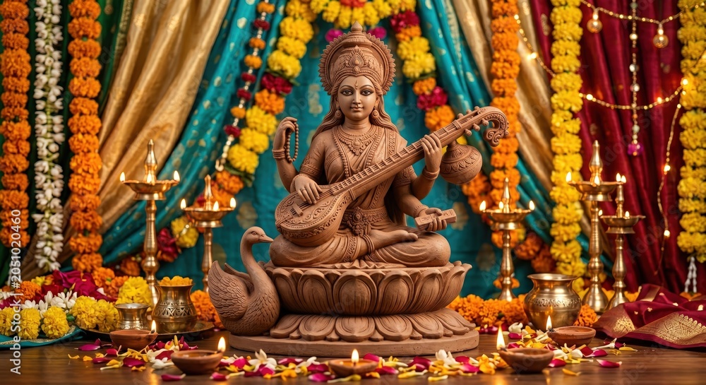 Fototapeta premium Clay idol of goddess saraswati playing veena instrument surrounded by traditional oil lamps and vibrant marigold flower decorations for hindu festival celebration in a beautifully decorated setting