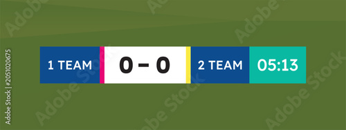 Sports score display 1 team 0 0 2 team 05 13 minutes over green field background.