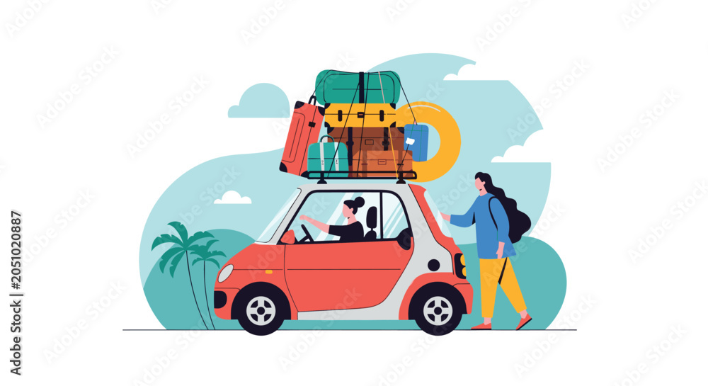 Fototapeta premium Excited travelers drive a small red car loaded with many suitcases and a swim ring on the roof for a fun summer vacation trip to the beach.