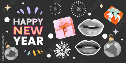 New Year Collage With Lips Gifts And Sparklers Vector Illustration