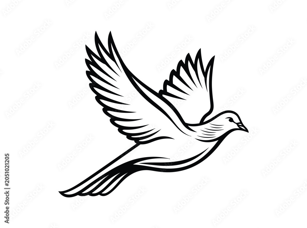 Fototapeta premium Dove flying illustration with outstretched wings in blue silhouette on white background
