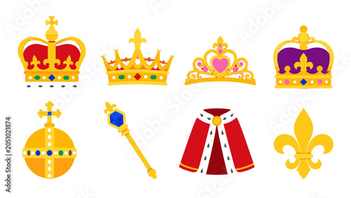 Tableau sur toile Royal regalia set with crowns tiara orb scepter and cape