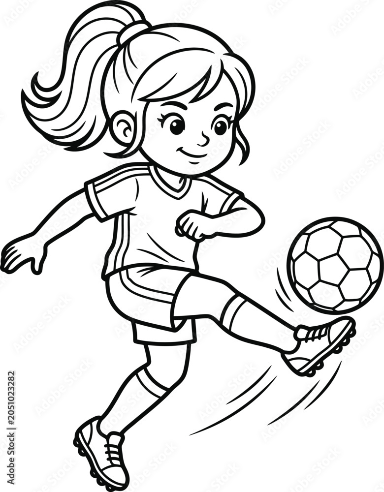 Obraz premium Girl Soccer Player Kicking Football Vector Illustration